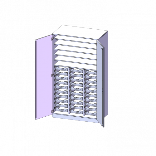 Bastelschrank, 5 Ordnerhöhen - Serie evo180 B/H/T: 104,5x190x60 cm, 2-türiger Schrank mit 30 flachen ErgoTray Boxen, mit Sockel (81 mm)