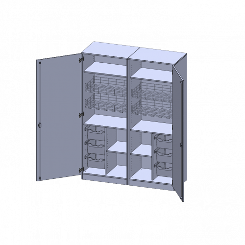 Sportschrank, 5 Ordnerhöhen - Serie evo180 B/H/T: 140,6x190x60 cm, 4 Ballkörbe, Halterungen an den Türen, 6 ErgoTray Boxen, mit Sockel (81 mm)