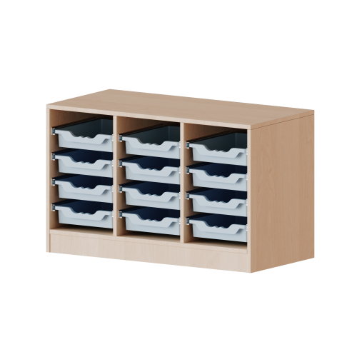 ErgoTray Regal, dreireihig, 1,5 Ordnerhöhen - evo180 Serie Breite 104,5 cm, Gesamthöhe 64 cm, mit Sockel, 12 flache ErgoTray Boxen