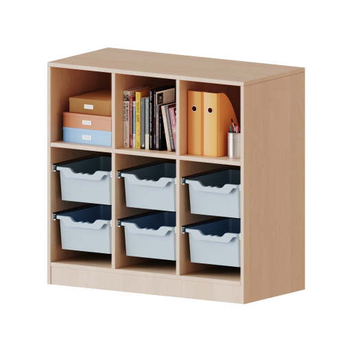 ErgoTray Regal, dreireihig, 2,5 Ordnerhöhen - evo180 Serie Breite 104,5 cm, Gesamthöhe 100 cm, mit Sockel, oben 3 Fächer, unten 6 hohe ErgoTray Boxen