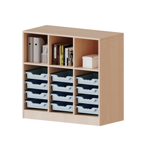 ErgoTray Regal, dreireihig, 2,5 Ordnerhöhen - evo180 Serie Breite 104,5 cm, Gesamthöhe 100 cm, mit Sockel, oben 3 Fächer, unten 12 flache ErgoTray Boxen