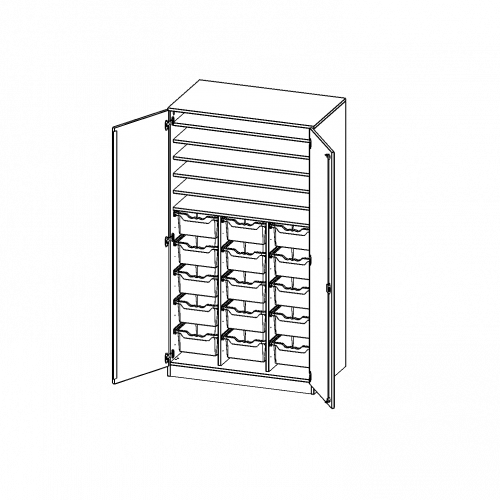 Bastelschrank, 5 Ordnerhöhen - Serie evo180 B/H/T: 104,5x190x60 cm, 2-türiger Schrank mit 15 hohen ErgoTray Boxen, mit Sockel (81 mm)