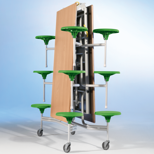 Spaceflex 2.0 Klapptisch mit integrierten Stühlen, Schichtstoffplatte, rechteckig 12 Sitze, Sitzfarbe wählbar, Sitzhöhe 41 cm