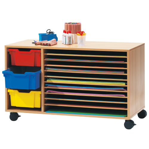 Papier-, Trocken- und Bastelwagen B/H/T: 113x71x53 cm, mit 10 Einlegeböden als Ablagen und 3 großen ErgoTray-Boxen, transparent