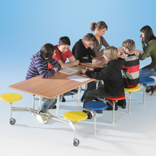 Spaceflex 2.0 Klapptisch mit integrierten Stühlen und melaminharzbeschichteter Spanplatte, rechteckig 12 Sitze, Sitzfarbe wählbar, Sitzhöhe 41 cm