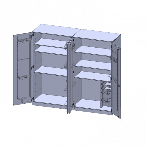 Musikschrank, 5 Ordnerhöhen - Serie evo180 B/H/T: 209x190x60 cm, zweiteilig, Türen mit Instrumentenhalterungen, mit 3 ErgoTray Boxen, mit Sockel (81 mm)