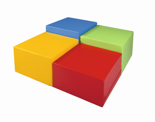 cuBe Bücherinsel "XL" 6-teilig Bücherinsel "XL" mit hoher und flacher Bücherkiste fahrbar und 4 Sitzhockern