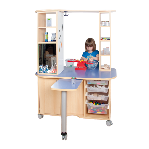 fahrbarer Experimentierturm Experimentierturm B/H/T: 120x160x70 cm, ausziehbare Tischplatte, 2 Regaltürme, Arbeitsfläche mit Linoleumbelag