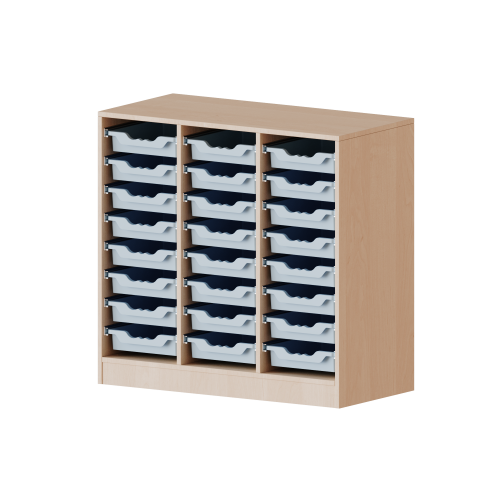 ErgoTray Regal, dreireihig, 2,5 Ordnerhöhen - evo180 Serie Breite 104,5 cm, Gesamthöhe 100 cm, mit Sockel, 24 flache ErgoTray Boxen