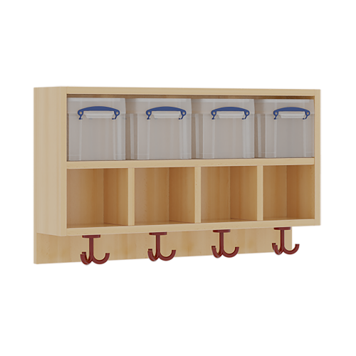 doppelte Garderobenablage B/H/T: 80x46x27 cm, oben 4 Kunststoffboxen mit Deckel, darunter 4 offene ca. 15 cm hohe Fächer, unten 3fach-Haken
