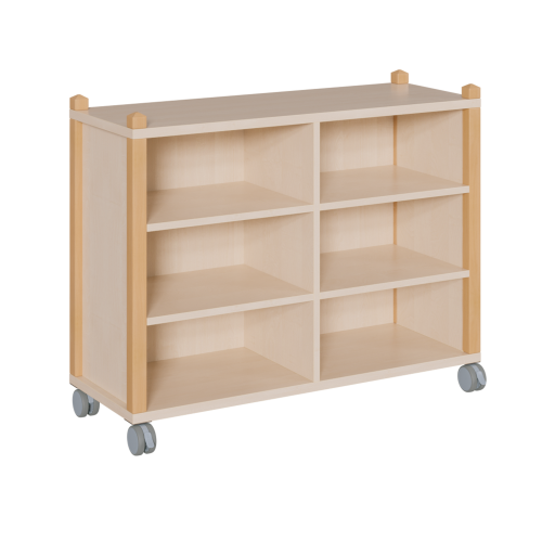 fahrbares Regal in Stollenbauweise B/T: 109x40 cm, 3 verschiedene Höhen, damit 2 / 4 / 6 Fächer, Mittelwand