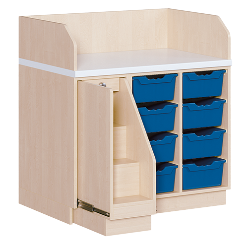 Wickelkommode, dreireihig B/H/T: 107x113x71,5 cm, Ausziehbarer Aufstieg links, 8 Boxen rechts