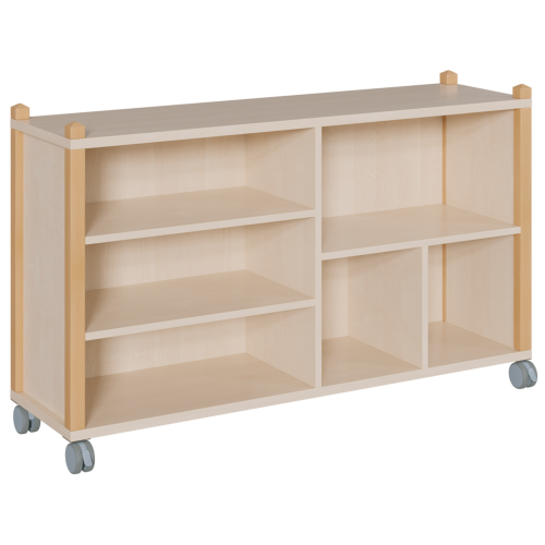 fahrbares Regal in Stollenbauweise B/T: 143,3x40 cm, 3 verschiedene Höhen, damit 3 / 5 / 6 Fächer, asymmetrische Aufteilung