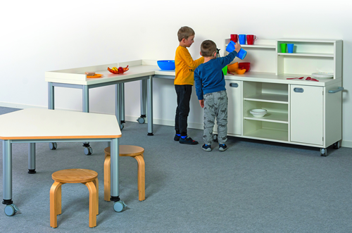 Anstelltische mit Aufkantung, als 2er-Set B/H/T: 120x70/76x52/172 cm, Aufkantung je Tisch links und hinten, Frühstücksstrecken-Kombination