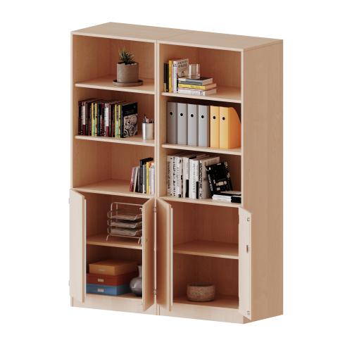 ErgoTray Kombi-Schrank, vierreihig, zweiteilig, 5 Ordnerhöhen - evo180 Serie B/H/T: 140,6x190x50 cm, 2 OH unten mit Türen, oben 3 OH Regal, mit Sockel (81 mm), mit Mittelwand