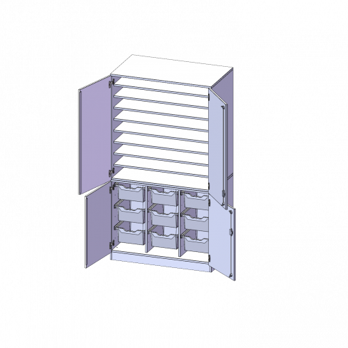 Bastelschrank, 5 Ordnerhöhen - Serie evo180 B/H/T: 104,5x190x60 cm, 4-türiger Schrank mit 9 hohen ErgoTray Boxen, zweiteilig, mit Sockel (81 mm)