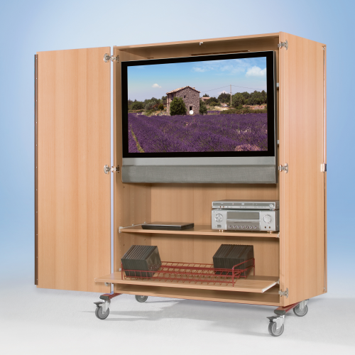 Zweitüriger TV-Wagen mit Halterung für Flachbildschirme, fahrbar B/H/T: 132x187x75 cm gesamt, 118,8x171x59 cm Schrankmaß, 1 verstellbarer Boden, 1 Rollauszug