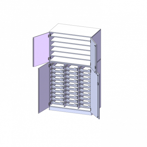 Bastelschrank, 5 Ordnerhöhen - Serie evo180 B/H/T: 104,5x190x60 cm, 4-türiger Schrank mit 30 flachen ErgoTray Boxen, zweiteilig, mit Sockel (81 mm)
