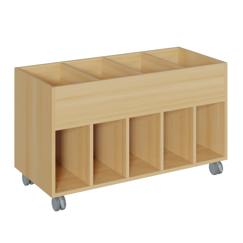 Büchertrog, 4+5 Fächer, fahrbar B/H/T: 110x64x50 cm, mit 4 großen Fächern oben und 5 senkrechten Fächern unten