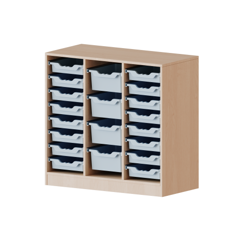 ErgoTray Regal, dreireihig, 2,5 Ordnerhöhen - evo180 Serie Breite 104,5 cm, Gesamthöhe 100 cm, mit Sockel, rechts und links je 8 flache, in der Mitte 4 hohe ErgoTray Boxen