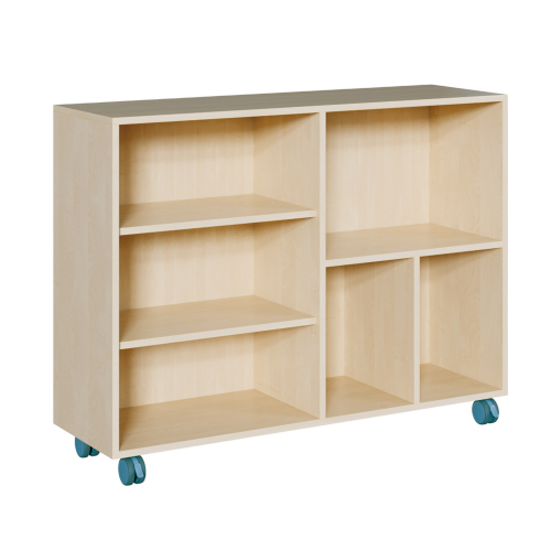 fahrbares Regal in Korpusbauweise B/T: 139x40 cm, 3 verschiedene Höhen, damit 3 / 5 / 6 Fächer, asymmetrische Aufteilung