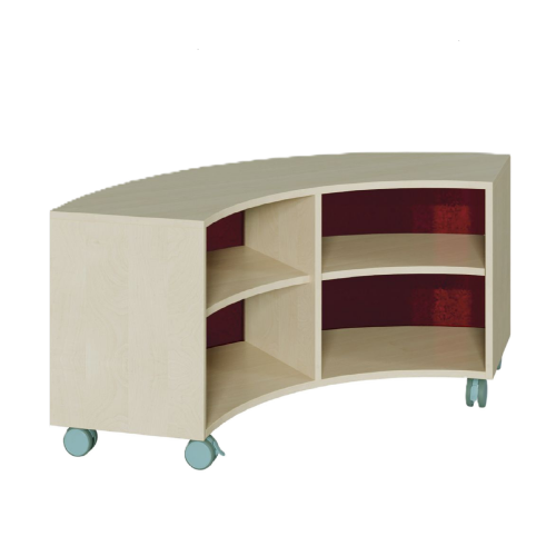 Korpus-Regal auf 1/4-Kreis-Grundriß, Rückwand aus farbiger Plexiglasplatte Bogenregal auf 90° in 3 Höhen, mit Zwischenböden, Plexiglasmaterial als Rückwand