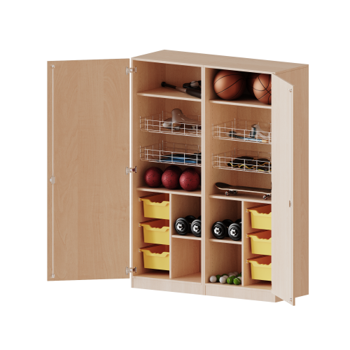 Sportschrank, 5 Ordnerhöhen - Serie evo180 Breite 140,6 cm, Gesamthöhe 190 cm, 4 Ballkörbe, 6 ErgoTray Boxen, mit Sockel (81 mm)