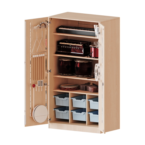 Musikschrank, 5 Ordnerhöhen - Serie evo180 B/H/T: 104,5x190x60 cm, Türen mit Instrumentenhalterungen, mit 6 ErgoTray Boxen, mit Sockel (81 mm)