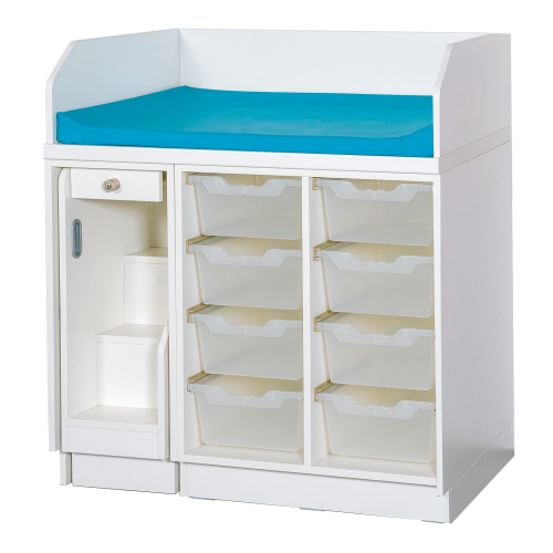 Wickelkommode, dreireihig B/H/T: 107x113x71,5 cm, Ausziehbarer Aufstieg links, 8 Boxen rechts