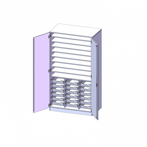 Bastelschrank, 5 Ordnerhöhen - Serie evo180 B/H/T: 104,5x190x60 cm, 2-türiger Schrank mit 18 flachen ErgoTray Boxen, mit Sockel (81 mm)