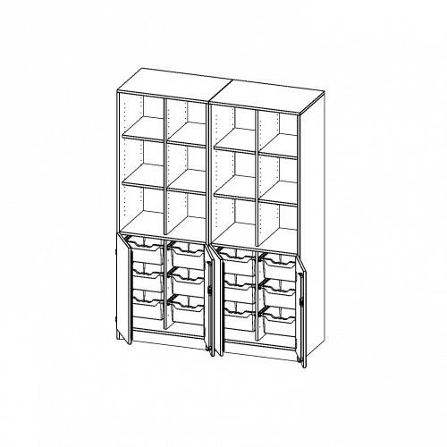 ErgoTray Kombi-Schrank, vierreihig, zweiteilig, 5 Ordnerhöhen - evo180 Serie B/H/T: 140,6x190x50 cm, unten 2 OH Türen und 12 hohe ErgoTray Boxen, oben 3 OH Regal, mit Sockel (81 mm), 2 Mittelwände