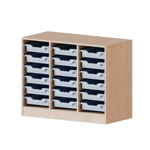 ErgoTray Regal, dreireihig, 2 Ordnerhöhen - evo180 Serie Breite 104,5 cm, Gesamthöhe 82 cm, mit Sockel, 18 flache ErgoTray Boxen