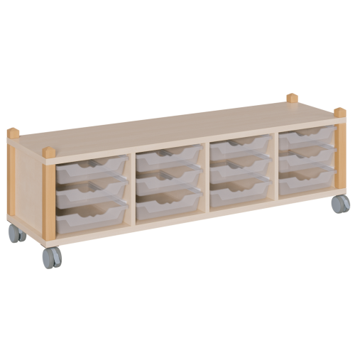 fahrbares Regal in Stollenbauweise B/H/T: 143,3x42,5x40 cm, in 4 Reihen 12 flache ErgoTray-Boxen