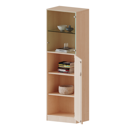 5 Ordnerhöhen, unten Tür (3 OH), oben Vitrinentür (2 OH) - Serie evo180 B/H/T: 60x190x40 cm, 1 geschlossene und 1 Glastür, abschließbar, Türen öffnen nach rechts, mit Sockel (81 mm)