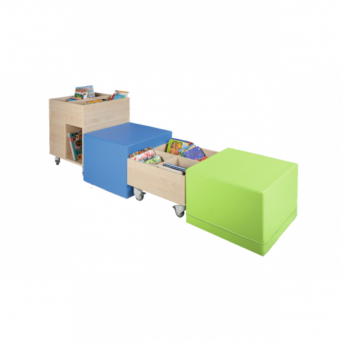 cuBe Bücherinsel "L" 4-teilig Bücherinsel "L" mit hoher und flacher Bücherkiste fahrbar und 2 Sitzhockern