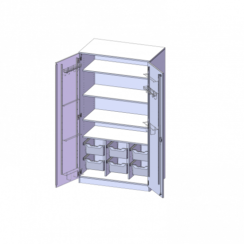 Musikschrank, 5 Ordnerhöhen - Serie evo180 B/H/T: 104,5x190x60 cm, Türen mit Instrumentenhalterungen, mit 6 ErgoTray Boxen, mit Sockel (81 mm)
