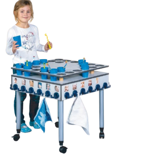 Zahnputzbecherwagen mit Doppelhaken, für 24 Kinder B/H/T: 60x60/75x60 cm, rundum wasserbeständige Vollkernplatte in grauem Dekor