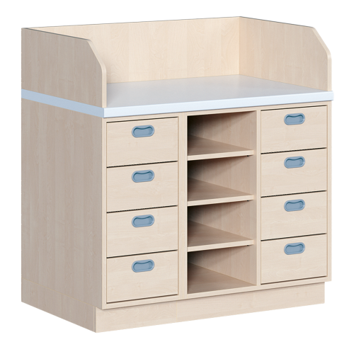 Wickelkommode, dreireihig B/H: 107x113 cm, 8 Schübe, mittig Regal