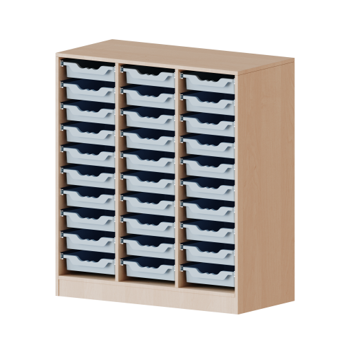 ErgoTray Regal, dreireihig, 3 Ordnerhöhen - evo180 Serie Breite 104,5 cm, Gesamthöhe 118 cm, mit Sockel, 30 flache ErgoTray Boxen