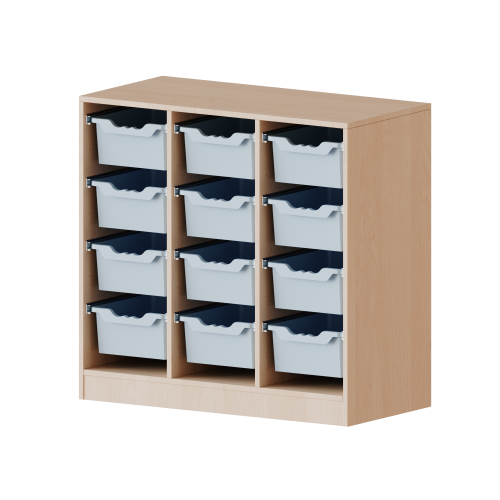 ErgoTray Regal, dreireihig, 2,5 Ordnerhöhen - evo180 Serie Breite 104,5 cm, Gesamthöhe 100 cm, mit Sockel, 12 hohe ErgoTray Boxen