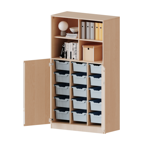 ErgoTray Kombi-Schrank, dreireihig, 5 Ordnerhöhen - evo180 Serie B/H/T: 104,5x190x50 cm, unten 3 OH Türen und 15 hohe ErgoTray Boxen, oben 2 OH Regal, Sockel, mit Mittelwand