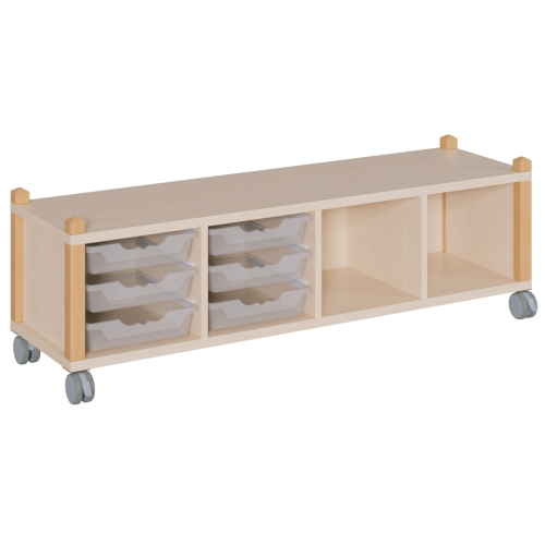 fahrbares Regal in Stollenbauweise B/H/T: 143,3x42,5x40 cm, in 4 Reihen 6 flache ErgoTray-Boxen und 2 Fächer