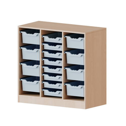 ErgoTray Regal, dreireihig, 2,5 Ordnerhöhen - evo180 Serie Breite 104,5 cm, Gesamthöhe 100 cm, mit Sockel, rechts und links je 4 hohe, in der Mitte 8 flache ErgoTray Boxen