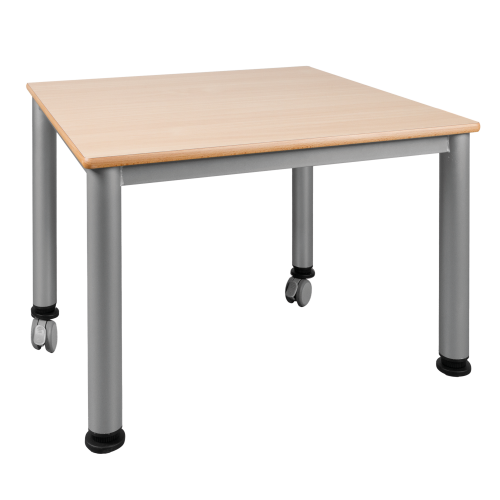 Fahrbarer quadratischer Tisch, Platte mit Schichtstoff verschiedene Größen in wählbarer Höhe, Stahlrohr-Füße Ø 60