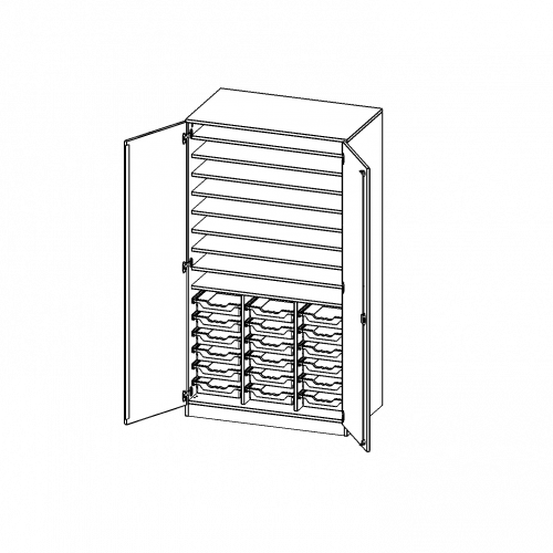Bastelschrank, 5 Ordnerhöhen - Serie evo180 B/H/T: 104,5x190x60 cm, 2-türiger Schrank mit 18 flachen ErgoTray Boxen, mit Sockel (81 mm)