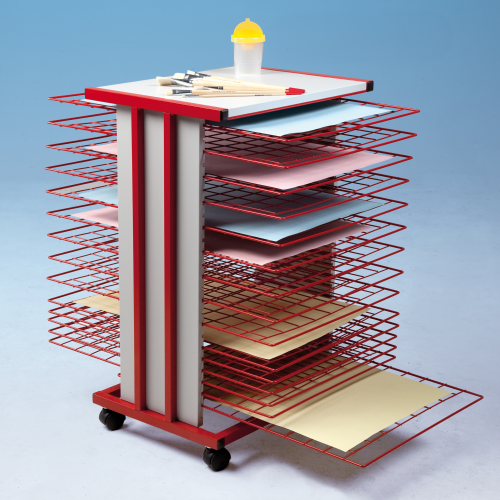 Trockenwagen fahrbar mit 15 Trockengittern DIN A2 B/H/T: 59,5x83x75 cm, Gestell in rot, Holzteile in Grau