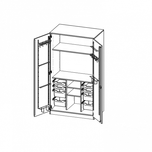 Musikschrank, 5 Ordnerhöhen - Serie evo180 B/H/T: 104,5x190x60 cm, Türen mit Instrumentenhalterungen, mit 8 ErgoTray Boxen, mit Sockel (81 mm)