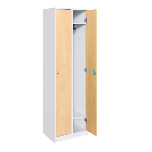 Spindschränke mit Hutboden und Garderobenhaken B/H/T: 66x190x50 cm, 2reihiger Schließfachschrank, 2 durchgehende Türen, Schuhfach, feuerhemmendes Material - Dekor Buche