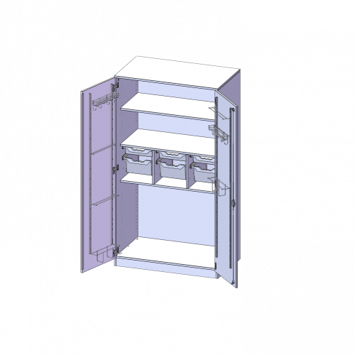 Musikschrank, 5 Ordnerhöhen - Serie evo180 B/H/T: 104,5x190x60 cm, Türen mit Instrumentenhalterungen, mit 6 ErgoTray Boxen, mit Sockel (81 mm)