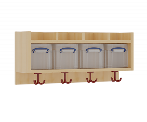 einfache Garderobenablage B/H/T: 80x34,5x27 cm, oben 4 flache, nach oben offene Ablagen, darunter 4 Kunststoffboxen mit Deckel, unten 3fach-Haken